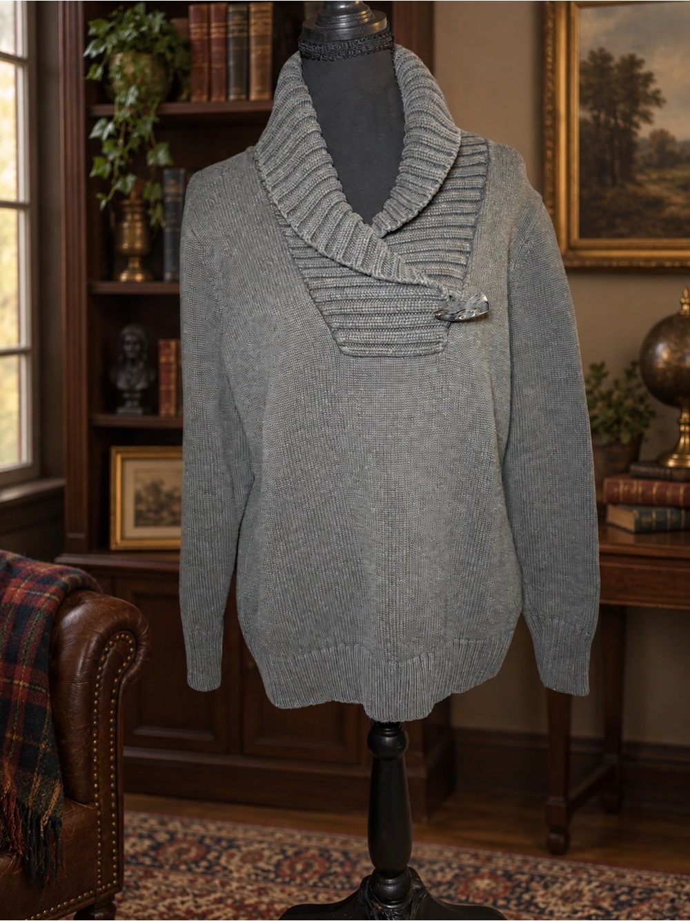 Lauren Ralph Lauren 1X Gray Cotton Shawl Collar Toggle Sweater